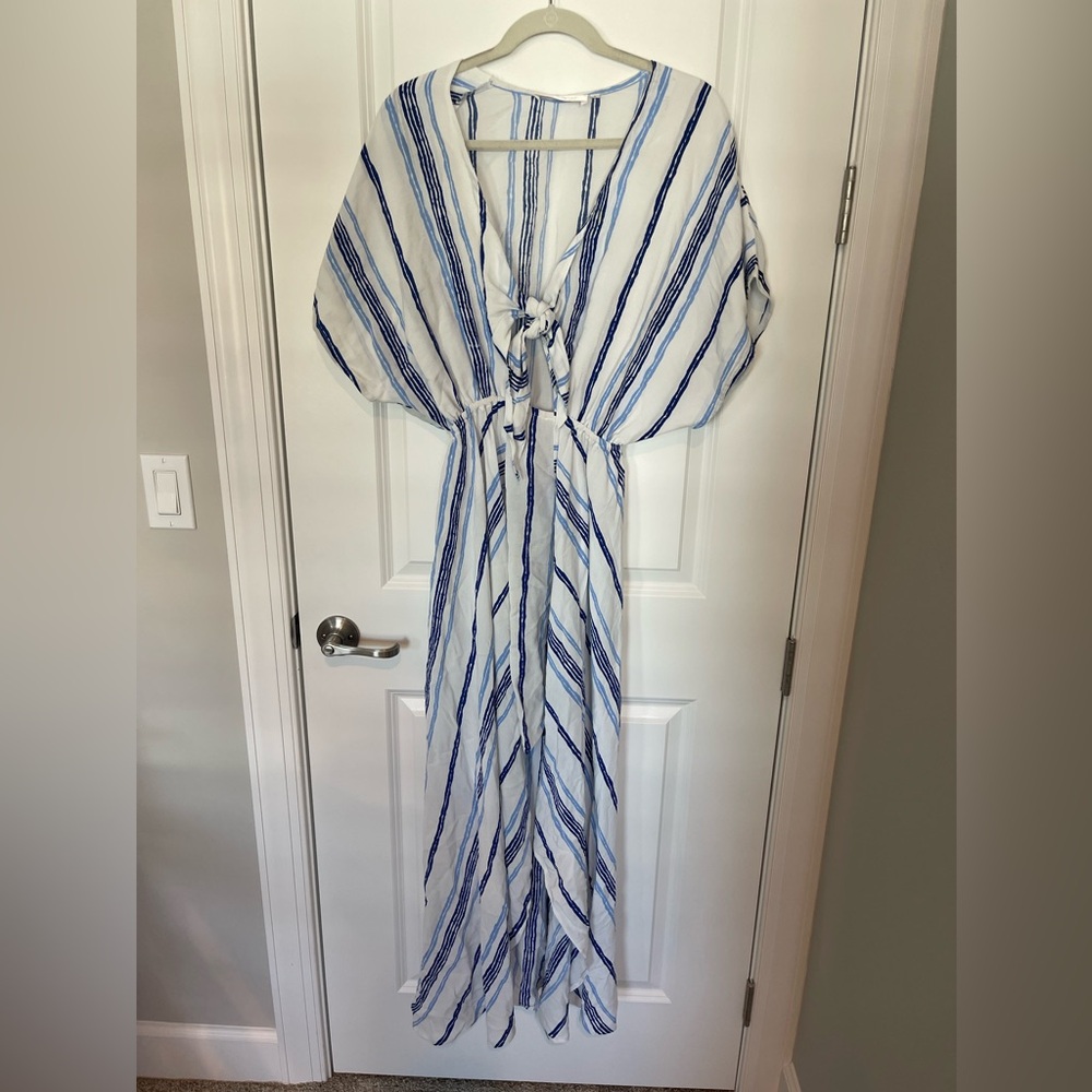 Walker & Wade High Low Swim cover up dress tie front striped blue white - Picture 3 of 8